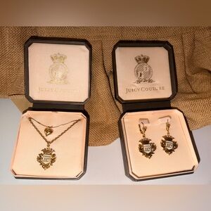 Juicy Couture Gold Tones Crown Earrings & 2 Duel Heart Crown Neclace NIB SET Vtg
